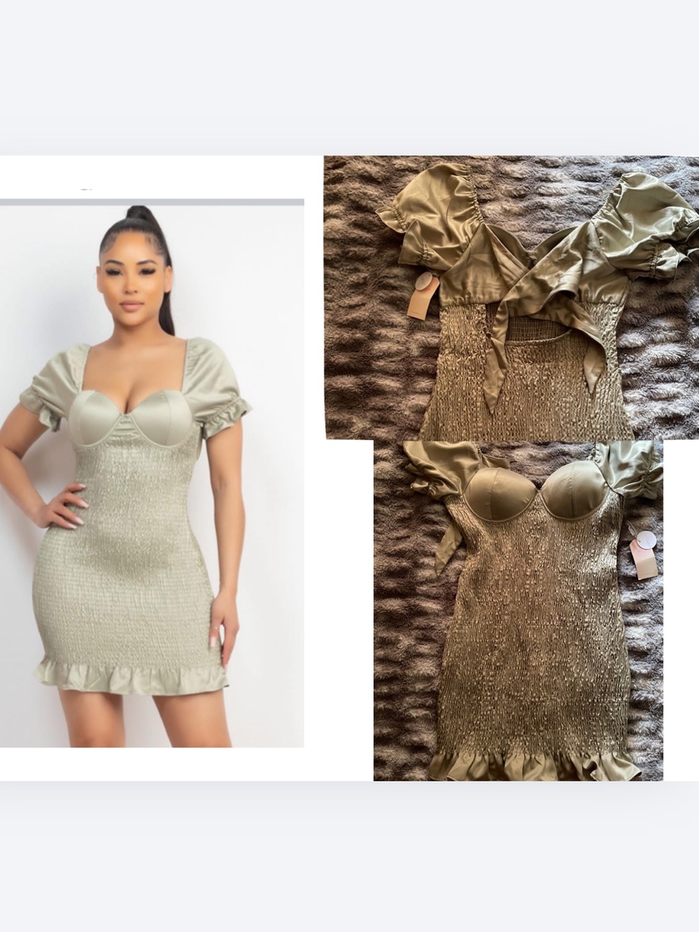Blashe sage green bodycon mini dress. satin ruffled puff sleeves.